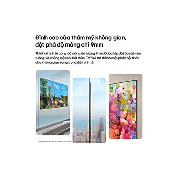 LG OLED evo AI W6 Wallpaper TV Flush Fit with Zero Gap is shown mounted flat with no visible separation, presented in multiple angled views that highlight its slim side profile, high picture quality, and clean cable-free display.